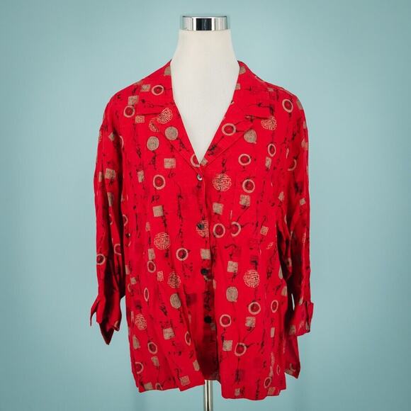 Chico's 3 Size XL Red Asian Print Symbols Print Button Down Linen Blend Top - Picture 1 of 5